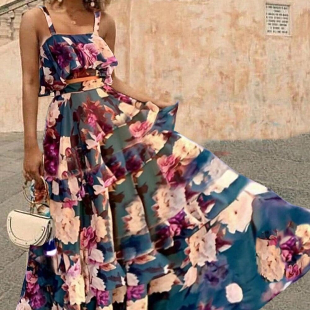 Multicolor Floral Print cropped top & maxi skirt coord set  Spring/Summer